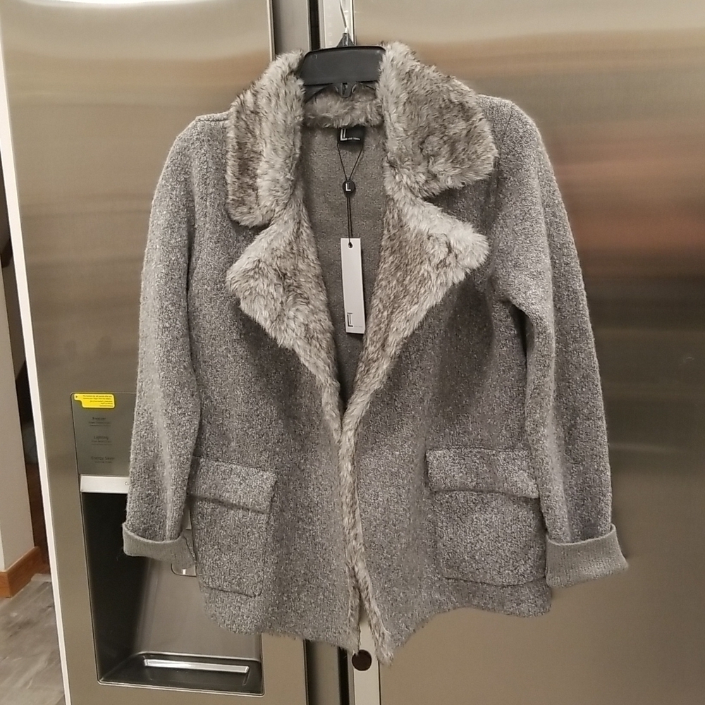 💕LOVE TOKEN💕 Faux Fur Trim Knit Jacket ~ Gray Small S NWT